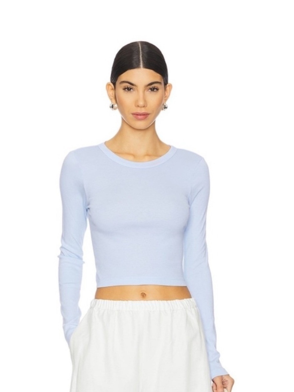 ENZA COSTA Supima Baby Rib Long Sleeve Cropped Top Womens Small Blue Crew Tee